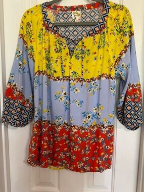 Anthropologie Fig and Flowers Sunny Floral Geometric Mix Print Lace up Neck